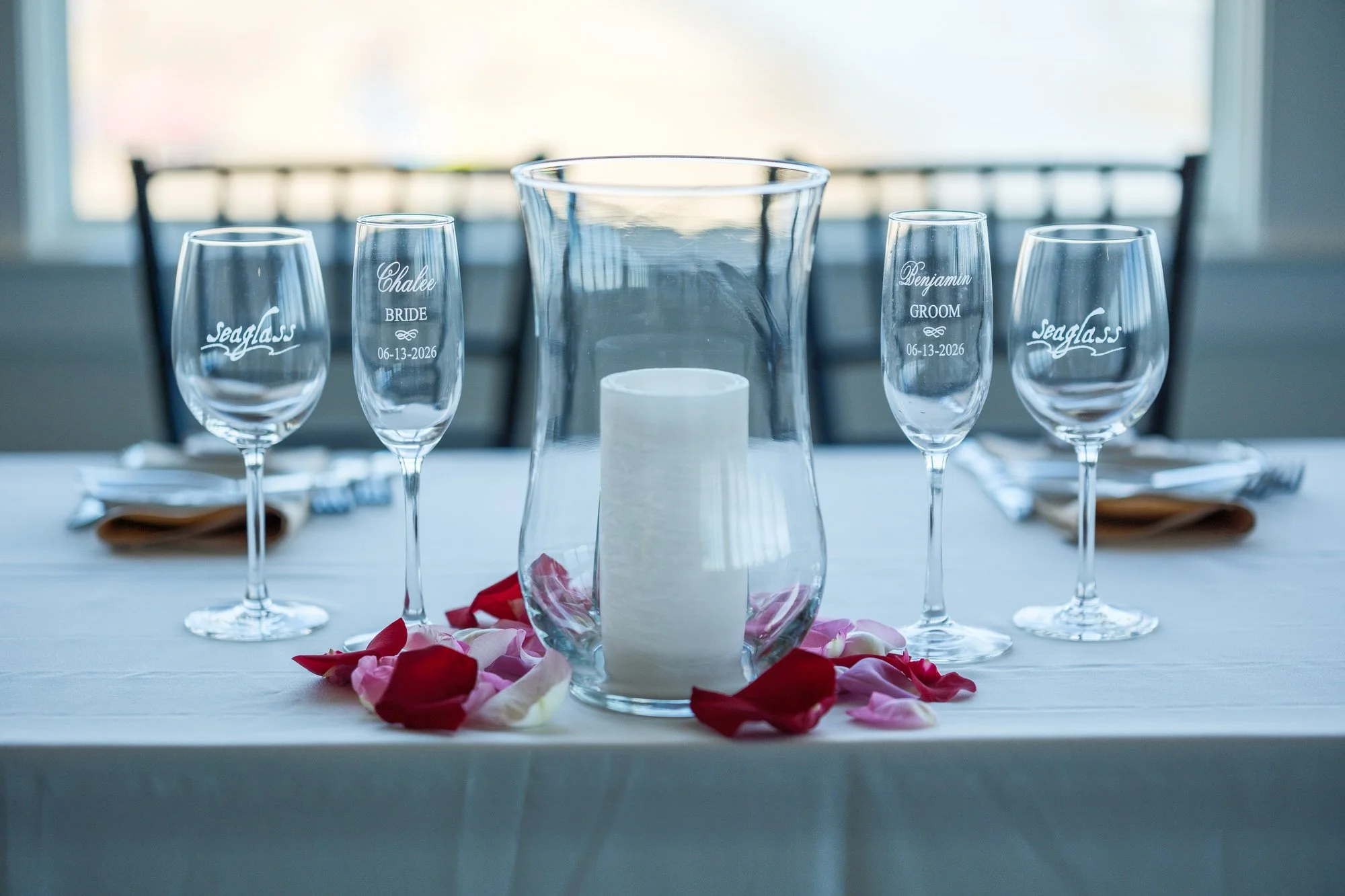 Personalized wedding glassware and table details at Blue Ocean Event Center in Salisbury, MA.
