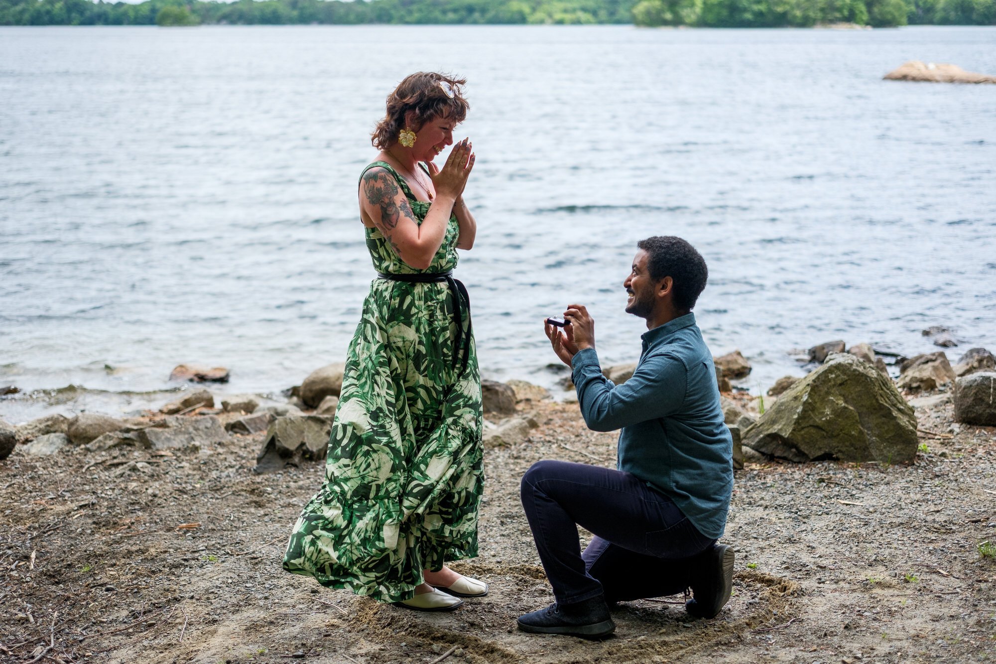 Surprise marriage proposal by the water at Middlesex Fells Reservation in Medford MA