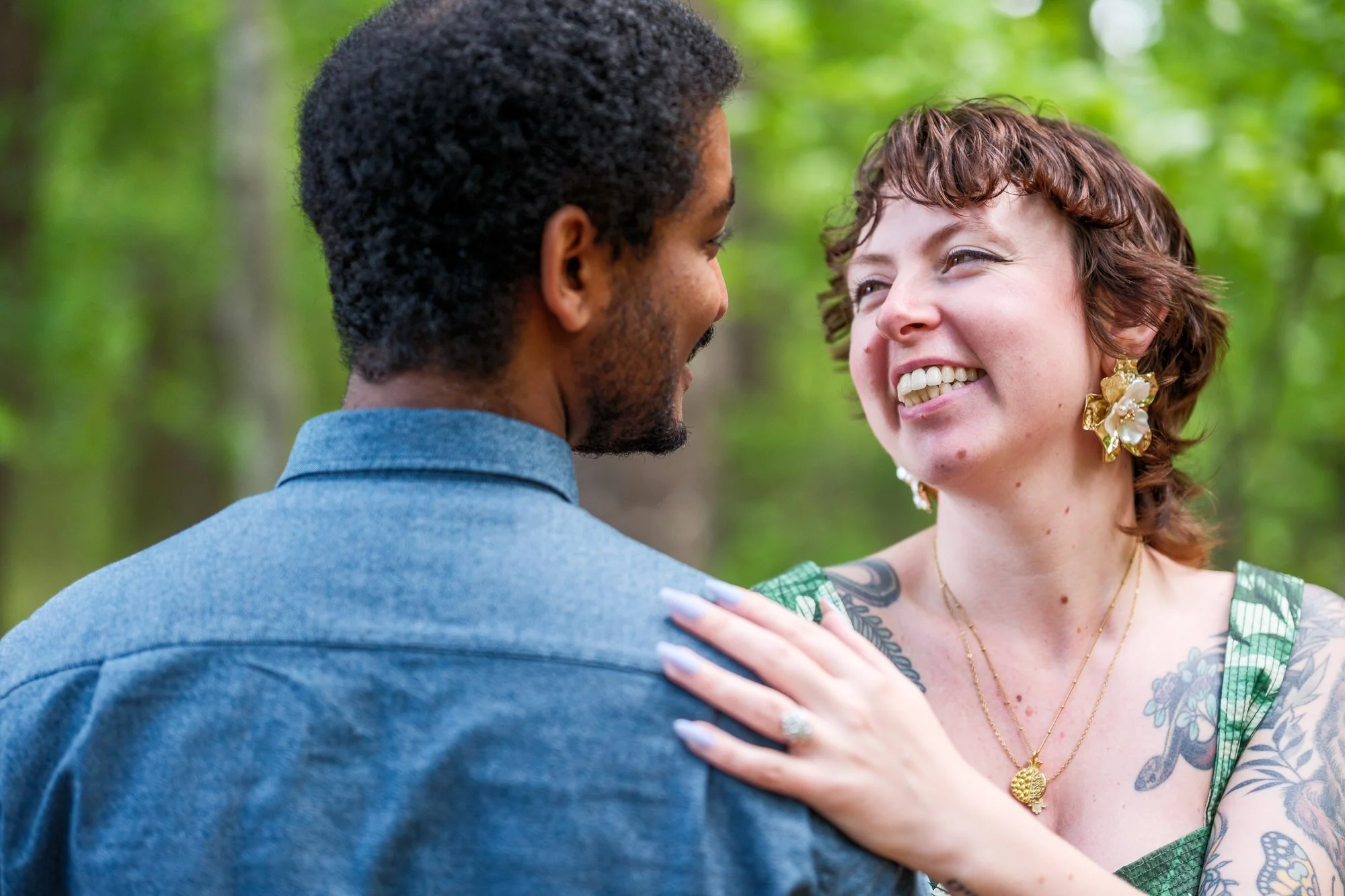 Joyful close-up portrait of newly engaged couple after Middlesex Fells proposal