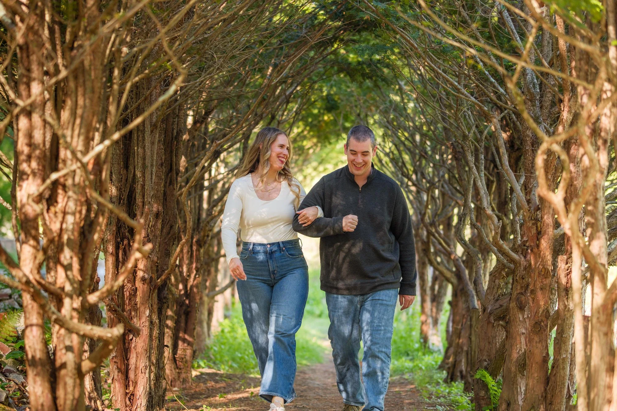 Engaged couple laughing and walking arm-in-arm through the cedar tree tunnel at Maudslay State Park