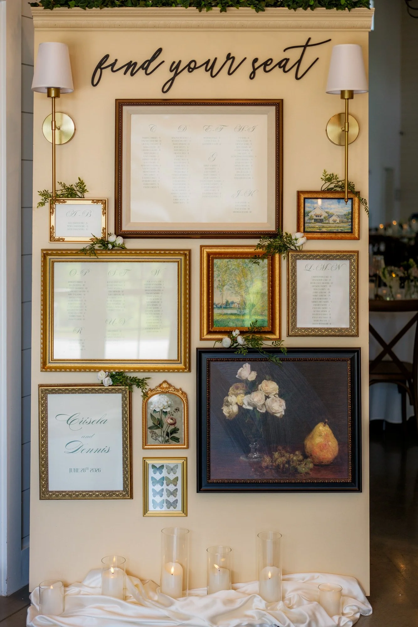 Wedding seating chart and welcome display at Hyla Brook Estate in Derry, New Hampshire