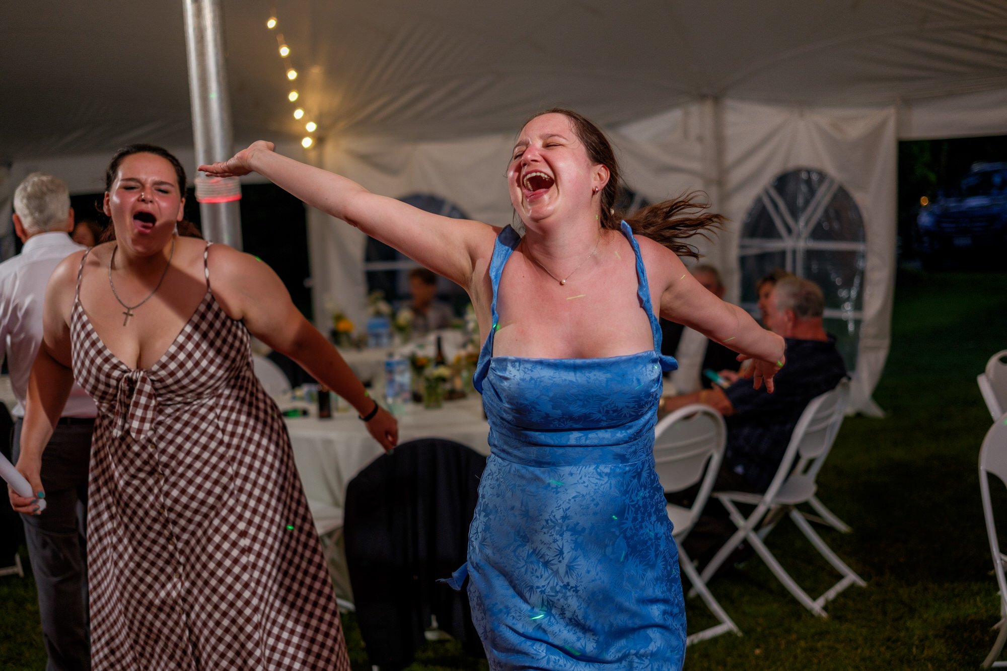 Joyful guests sing and dance at Lake Morey Resort wedding reception