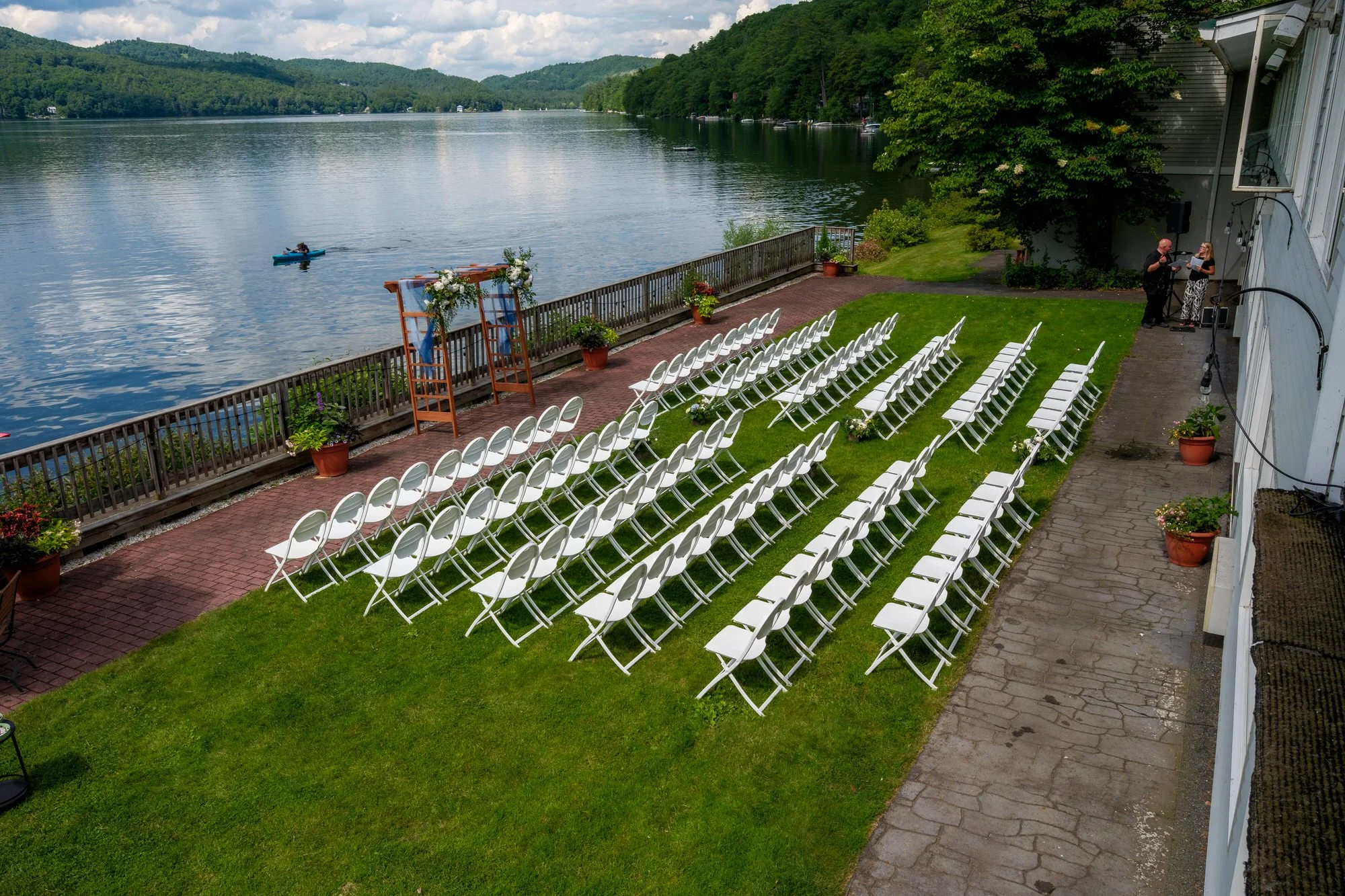 Lakeside wedding ceremony chairs overlooking Lake Morey Resort in Fairlee, Vermont
