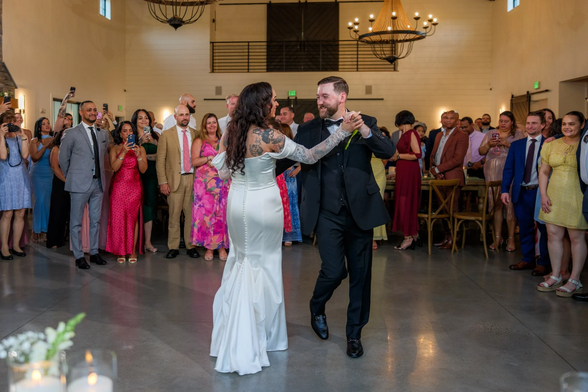 Newlyweds dancing together at Hyla Brook Estate wedding reception