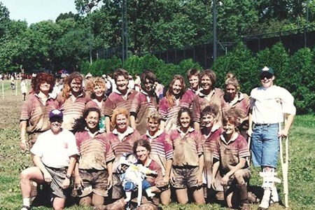 1995 Nationals after a match against Boston W.R.F.C. Back: ?, Connie Gunter, Susan Haeffner , Lori Gilbrech, Suzie Schlow, Karen Cagle, Pam Smith, Jules McCoy, Vicki McNeill, Carrie Sage Middle: Leslie Taylor, Louise Lotto, Erica Carey, Kim Turner, Laura Cabrera, Angela Stacks, Allyson Simmons Front: Wilma Keller (holding Hunter Law) Not Pictured: Lee Hobson