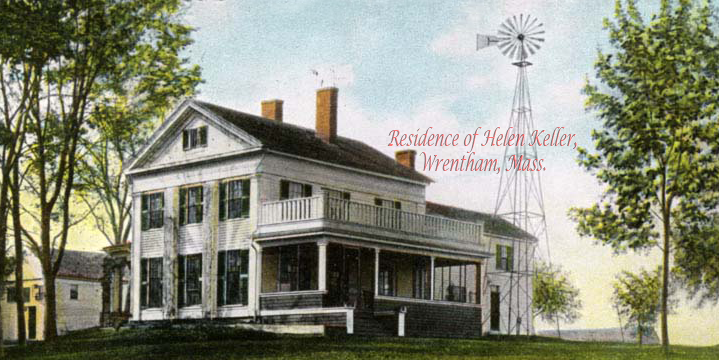 Color postcard of Keller's house in Wrentham, Massachusetts, white colonial with balcony, porch, chimneys, dark green shutters, surrounded by trees..png