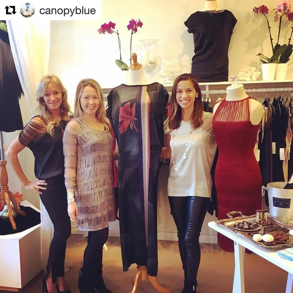 Always such a pleasure working with wonderful Canopy Blue team! Here with Dani Ackerly (owner of Canopy Blue) and Kristin Lear (merchandiser). Both Dani and Kristin are wearing MOD Knit Shoulder tops in Silver and in Black.