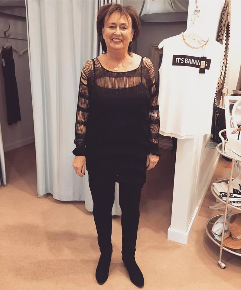 It was such a pleasure meeting Bette. At first she wasn't in the mood to try things on, but as time passed we put together a great outfit for her Holiday events. Once I got back to Austin, I made some minor changes to the pieces Better order, so they fit her better and shipped it back to Seattle. Here Bette is wearing Long Sleeve Dressy Tunic in Black. She also ordered a Knit Shoulder top in Silver and a double-cuff in silver/silver. Had great time working with you, Bette! 