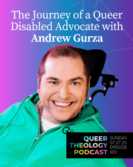 Book cover titled 'The Journey of a Queer Disabled Advocate with Andrew Gurza,' featuring a smiling man in a green jacket, with a purple background and info about a podcast episode.