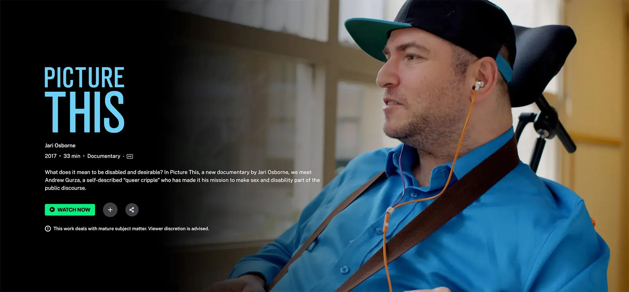 An image for the NFB documentary Picture This by Jari Osborne. Andrew Gurza is on the right wearing a bright blue button-up collared shirt, earbuds, and a black snapback hat with a blue brim.