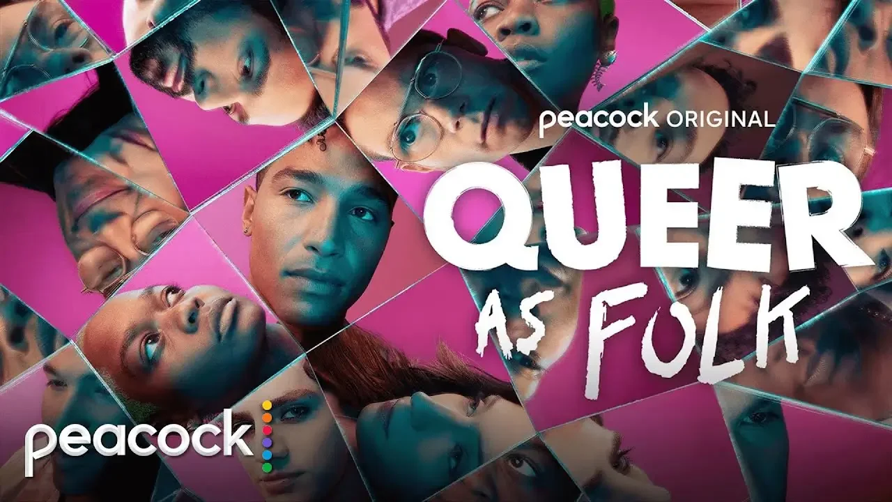 There is a collage of assymetrical face shots of the characters with Peacock Original Queer As Folk overlaid in white thick text on the right side and the Peacock logo in the bottom left.