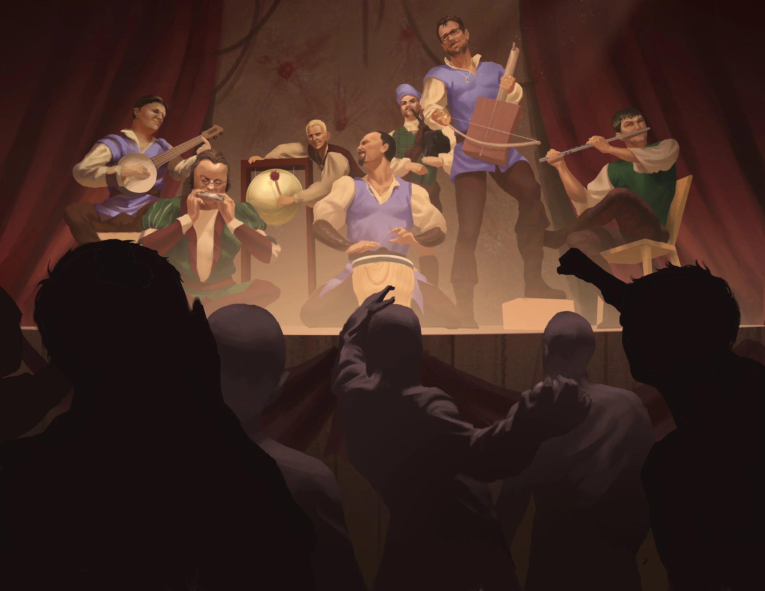 Booing the Bards by Steve Stark. https://i-stark.com/illustration/ An image inspired by a Kickstarter Backer.