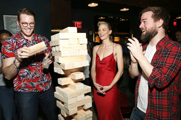 Actress and supermodel Jaime King plays an icebreaker game of giant Jenga with guests at BumbleSpot #atthemoxy at Moxy NYC Downtown.