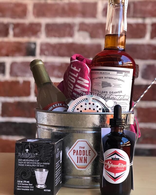 We put together some Fathers Day cocktail baskets!  You get a tee shirt, bottle of our private stock Privateer rum, a jigger (cocktail measuring cup), bar spoon, cocktail strainer, a bottle of falernum, &amp; our house recipe orange bitters as well a