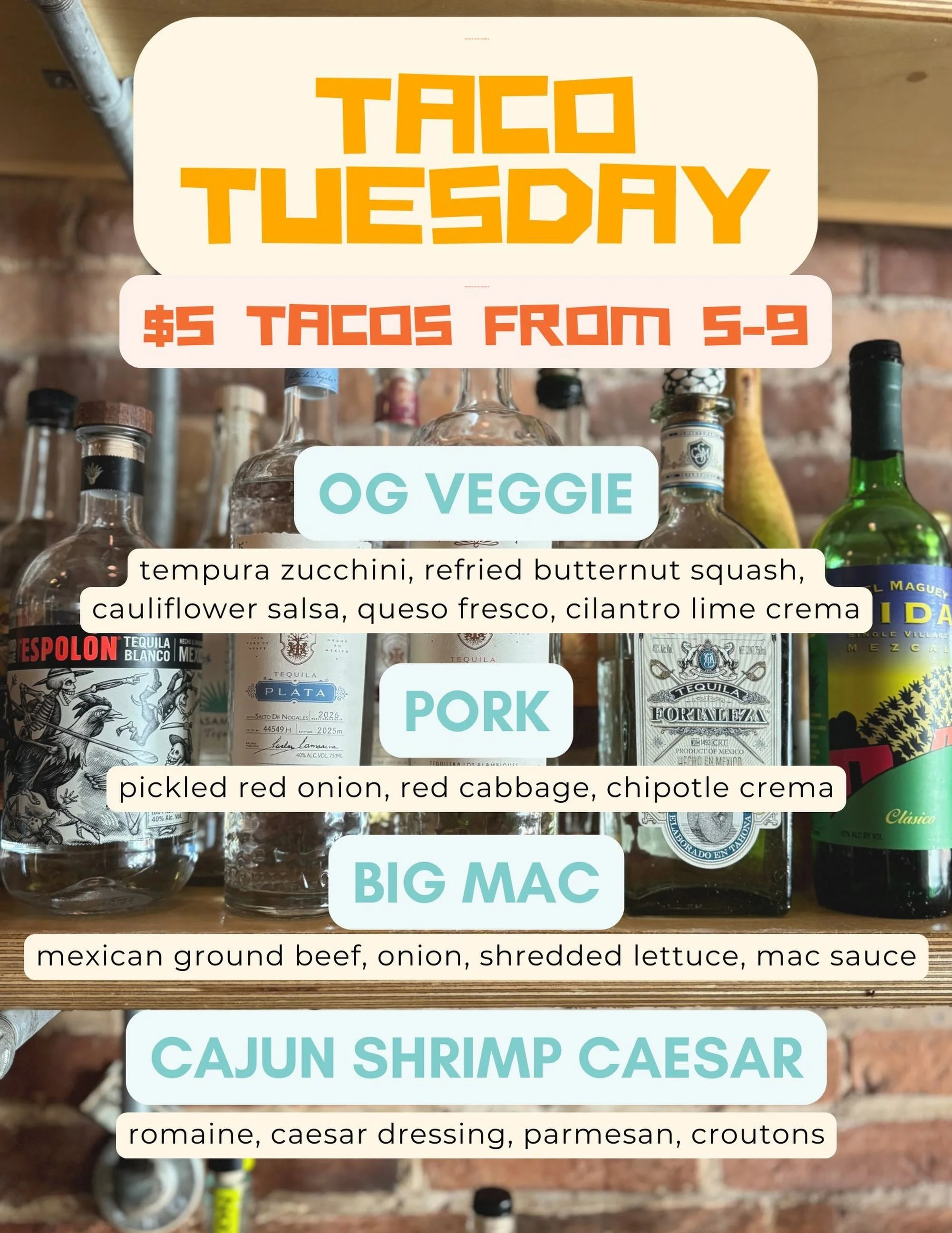 Taco Tuesday = Tequila Tuesday right?? The
patio weather is persisting, how lucky are we? Come by for your favorite deal, and don't forget about our $9 special Margarita! Dinner 'til 9, drinks 'til midnight pals!