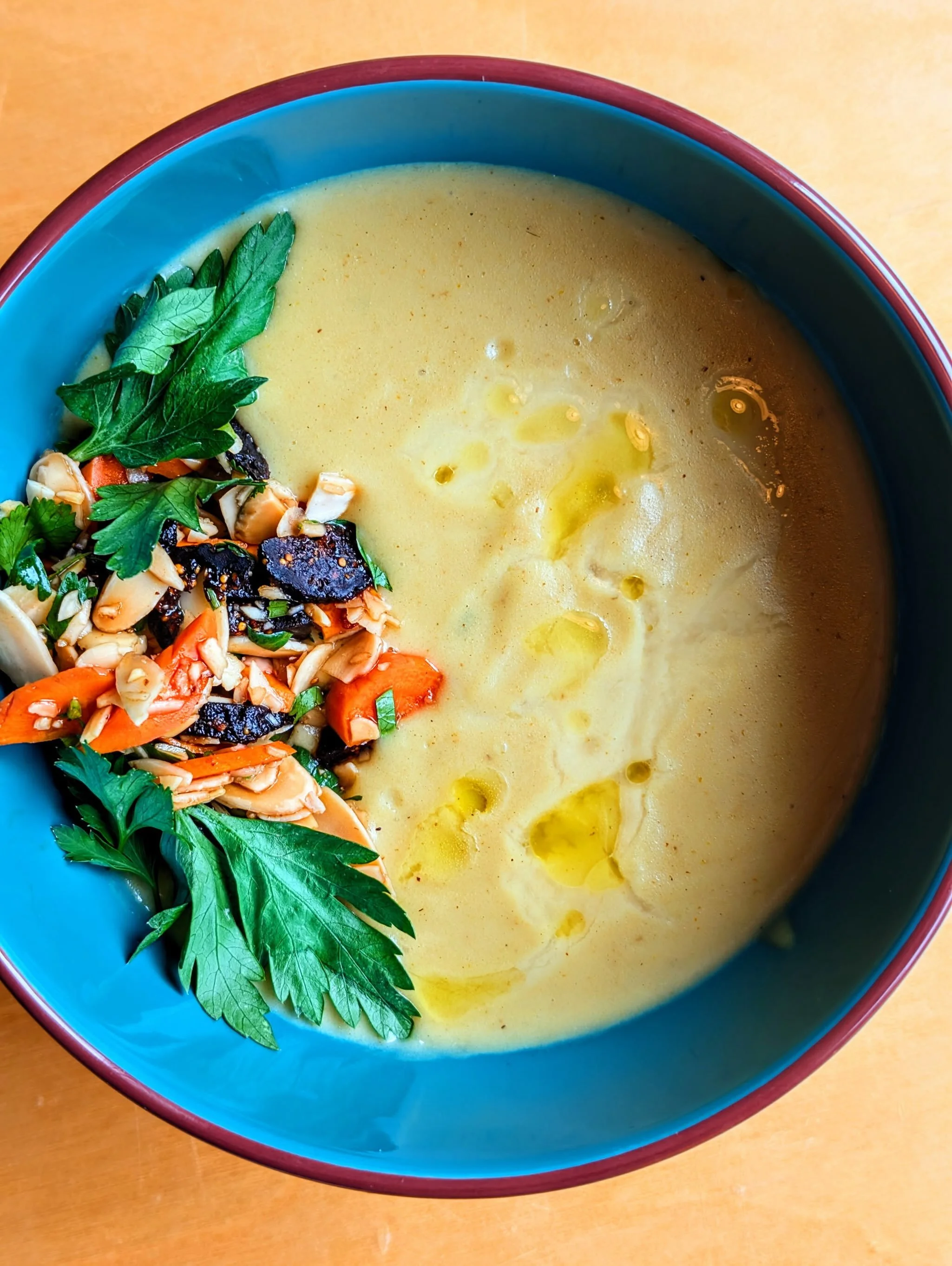 It&rsquo;s SOUP SEASON!! Today we&rsquo;re serving up a curried cauliflower bisque with almonds, carrots, and craisins! Come enjoy some comfort in a bowl!