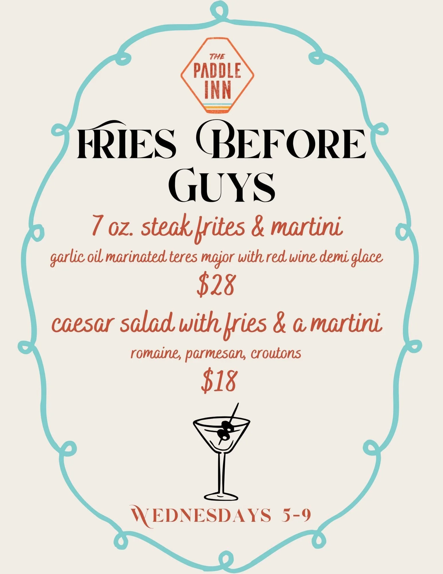 THIS WEDNESDAY! Grab your pals for the perfect dinner! We&rsquo;ll be playing your favorite movies, and vinyls, and slinging martinis and fries! Steak frites and a martini for $28 or a Caesar salad and fries with a martini for $18&ndash; that&rsquo;s