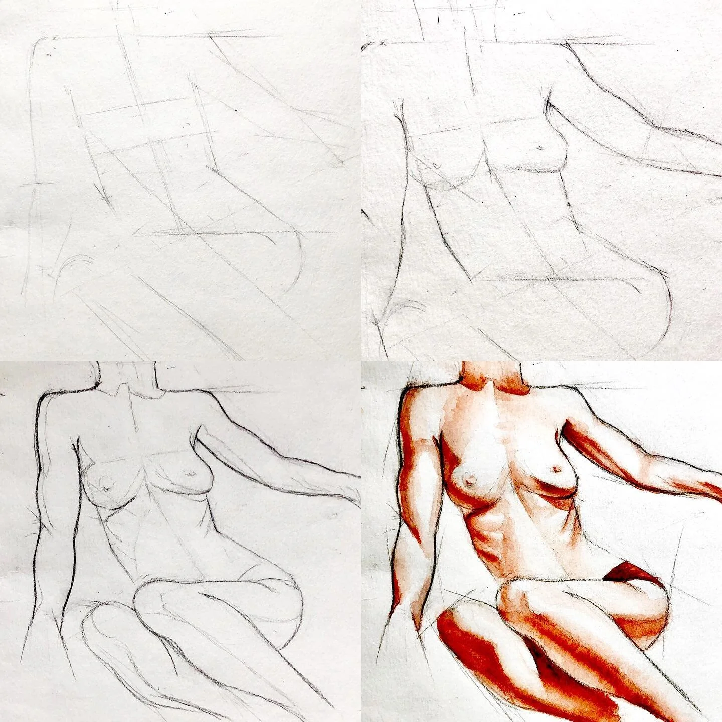 Process of some at-home figure sketches. The truth is I have little proper technique and tend to just eyeball lines, (surely inefficient). So I tried this new approach of first getting the exterior angles in straight lines, and building in from there