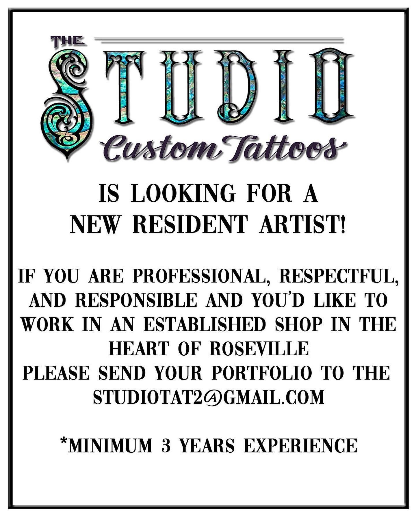 #artistwanted #seekingartist #rosevilletattooartist #tattooerwanted #916tattooerwanted