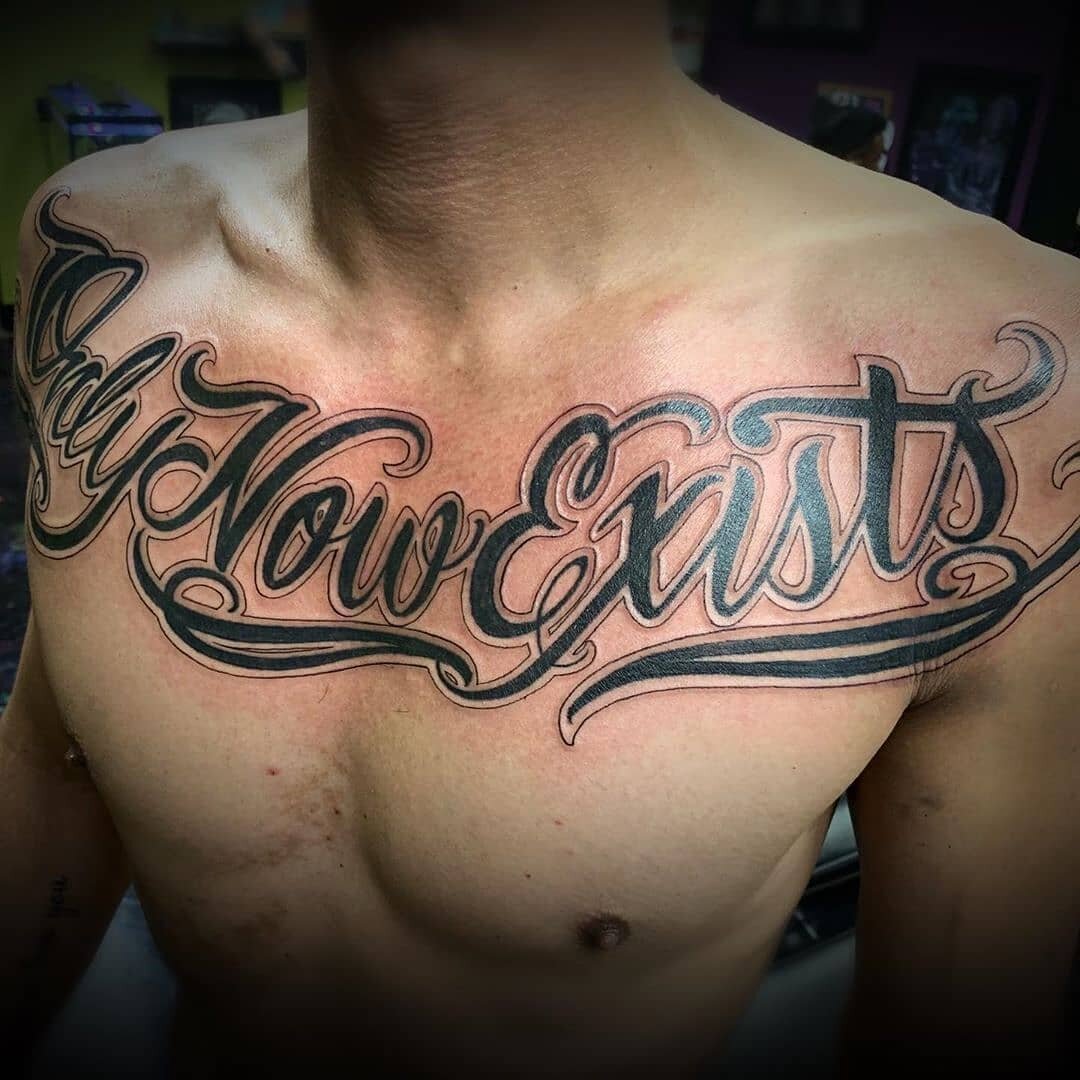 Credit to @marcosjamestattoos :  Got to do this dope chest rocker today! #onlynowexists #chesttattoo #letteringtattoo #tattoolettering  #rosevilleca #rosevilleartist #rosevilletattoo #marcosjames #thestudiocustomtattoos #onlynowexists