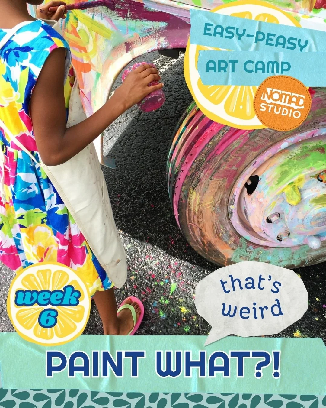 Child in colorful dress painting a vehicle with colorful paints