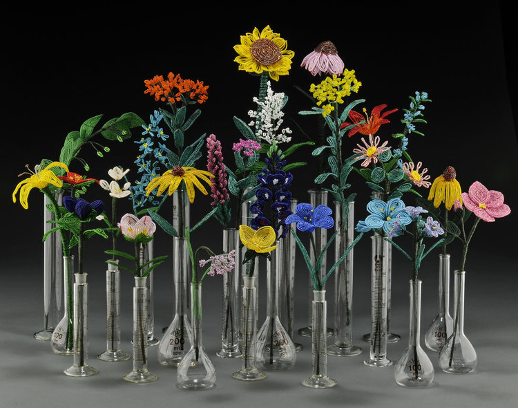 The Glass Prairie, beads, wire, floral tape and scienctific glass. per flower.Sizes vary Photo Credit: Larry Sander