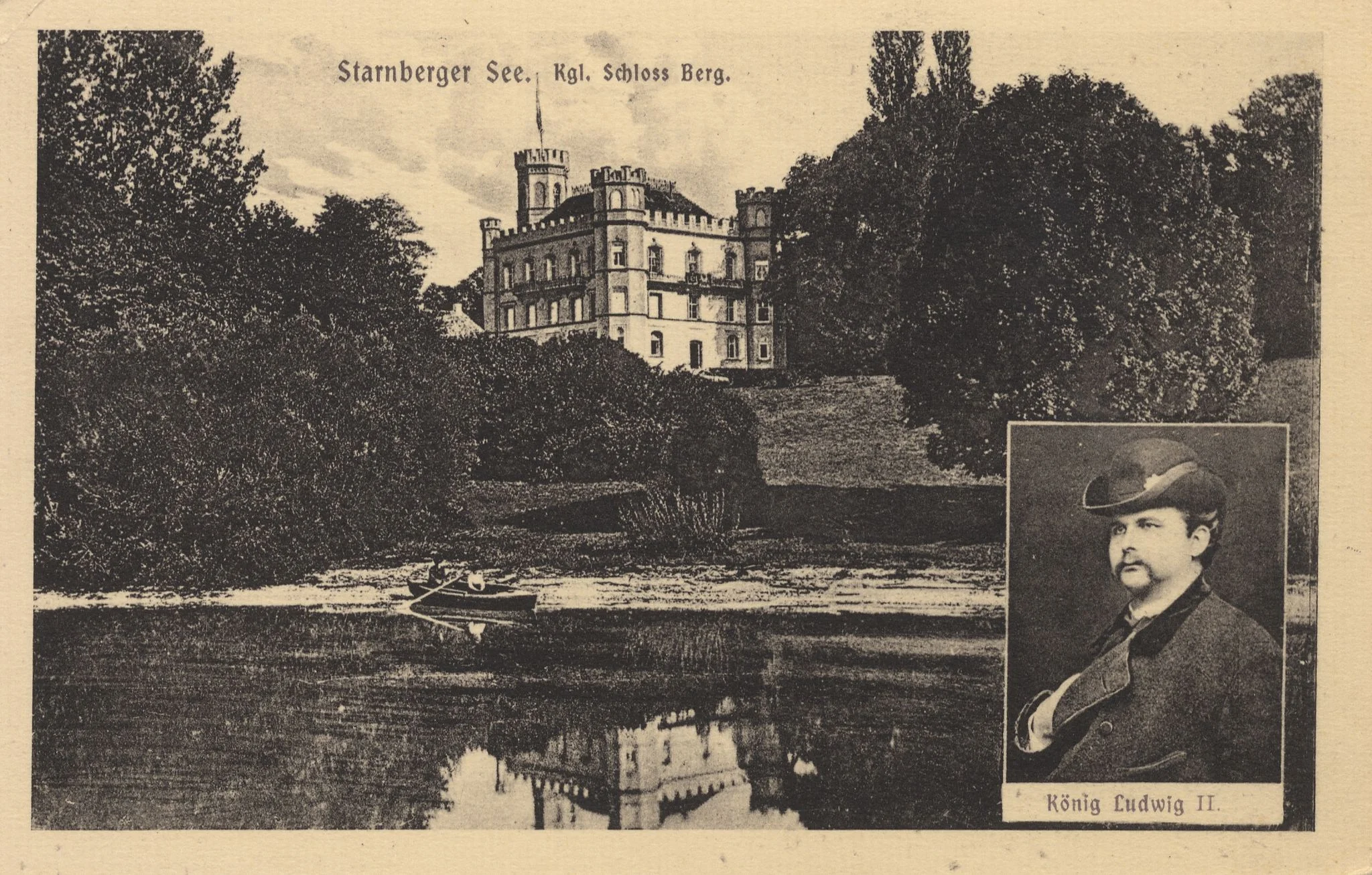 Lake Starnberg, with portrait of "Mad" King Ludwig inset, via Zeno.org