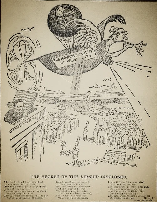 A contemporary cartoon and poem makes of the airship sightings a metaphor, via Chronicling America