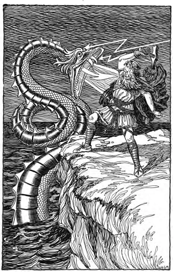 Thor facing Jormungandr, via Wikimedia Commons