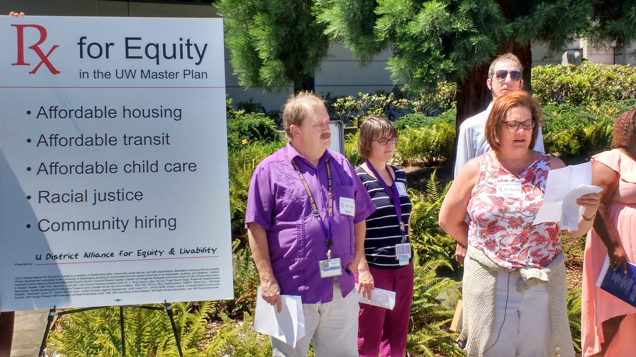 UW employee Pamela Honegger: "Because of housing costs, I live at home with my parents and commute 90 minutes each way to work. We need affordable housing closer to work and an affordable UPASS!”