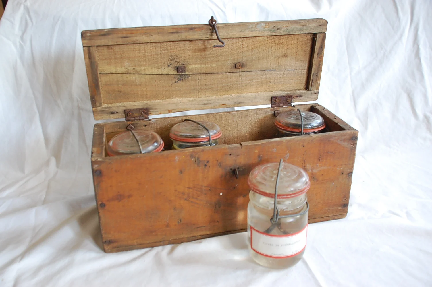    Tool Box  &nbsp; &nbsp; &nbsp; Canning jars, nails, wrenches, pliers, hammer head, type-written labels, formaldehyde, sawdust, wooden tool box. &nbsp; 15 1/2" x 5 1/2" x 7" &nbsp; &nbsp; 1992 