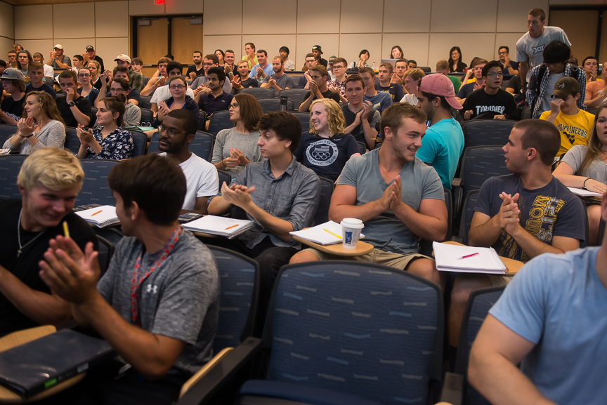 Ginny receives a round of applause from classmates in her General Physics class on Wednesday, Aug. 17, 2016. 
