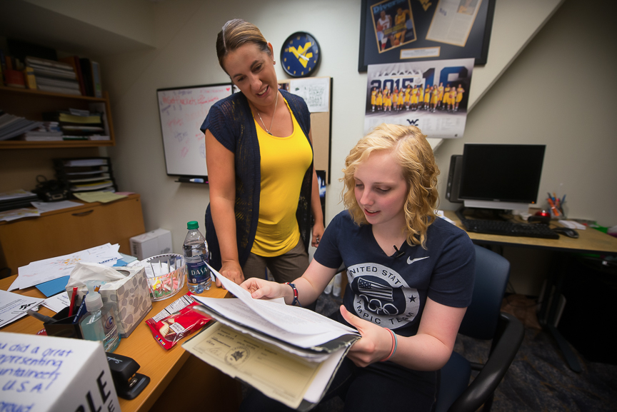 Ginny meets with her academic advisor, Toni Key Oliverio, on Wednesday, Aug. 17, 2016. They decorated her box with messages of congratulations.