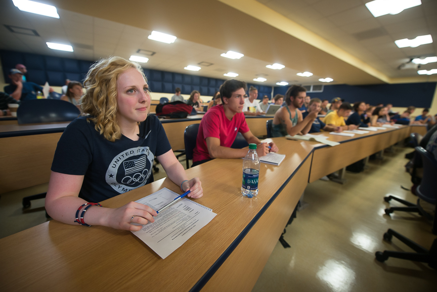 Ginny sits in an Intro to Electrical Engineering class on her first day of instruction for the fall semester at WVU on Wednesday, Aug. 17, 2016.