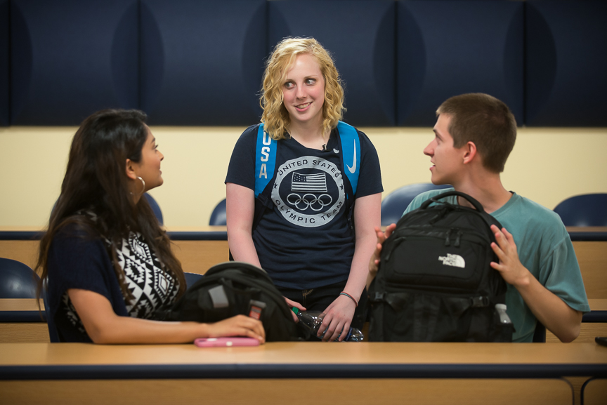 Ginny talks to Aishwarya Vijay, 18, left, and Skyler Roth, 19, right, in an Intro to Electrical Engineering class on her first day of instruction for the fall semester at WVU on Wednesday, Aug. 17, 2016. 