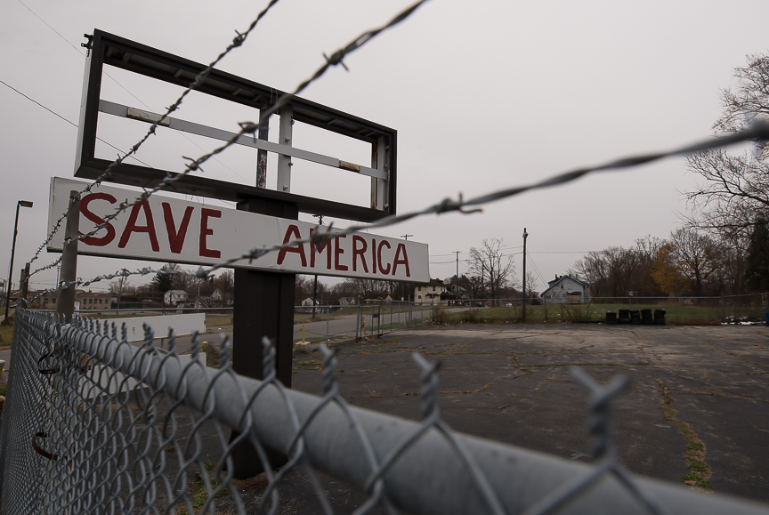 A sign stands in a vacant lot in Youngstown, Ohio on Nov. 23, 2016.