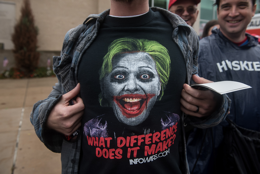 A Trump supporter shows off his t-shirt as he stands in line outside of the Cambria County War Memorial Arena prior to a Donald Trump campaign stop on October 21, 2016 in Johnstown, Pennsylvania. 