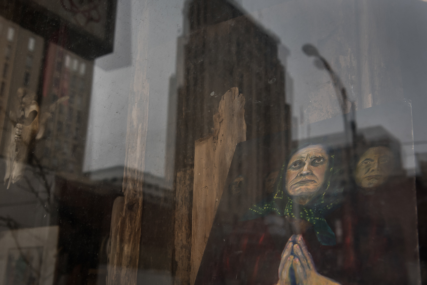 A painting sits in a window in Downtown, Youngstown, Ohio on Nov. 23, 2016.