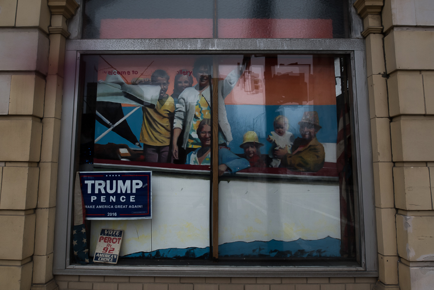 A Trump sign sits in a window in Youngstown, Ohio on Wednesday, Nov. 23, 2016.