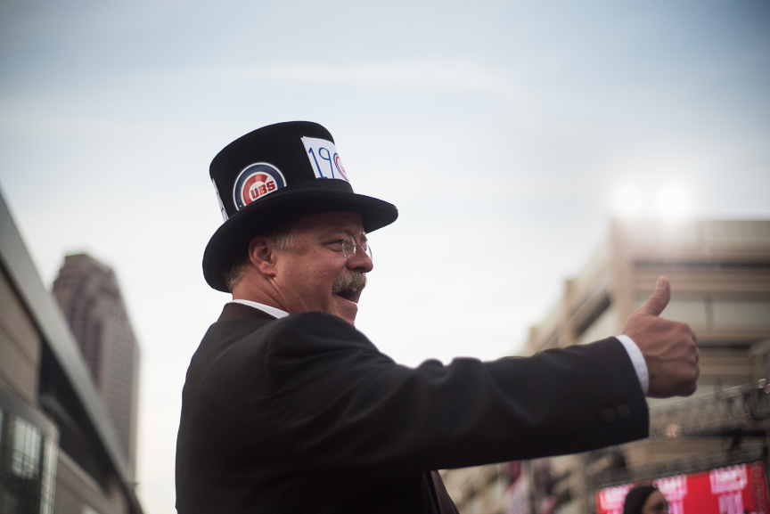 Joe Wiegand of Colorado Springs, Colo., a Theodore Roosevelt impersonator and self-proclaimed Cubs fan, greets fans outside of Progressive Field prior to game 6 of the World Series on November 1, 2016 in Cleveland, Ohio. 