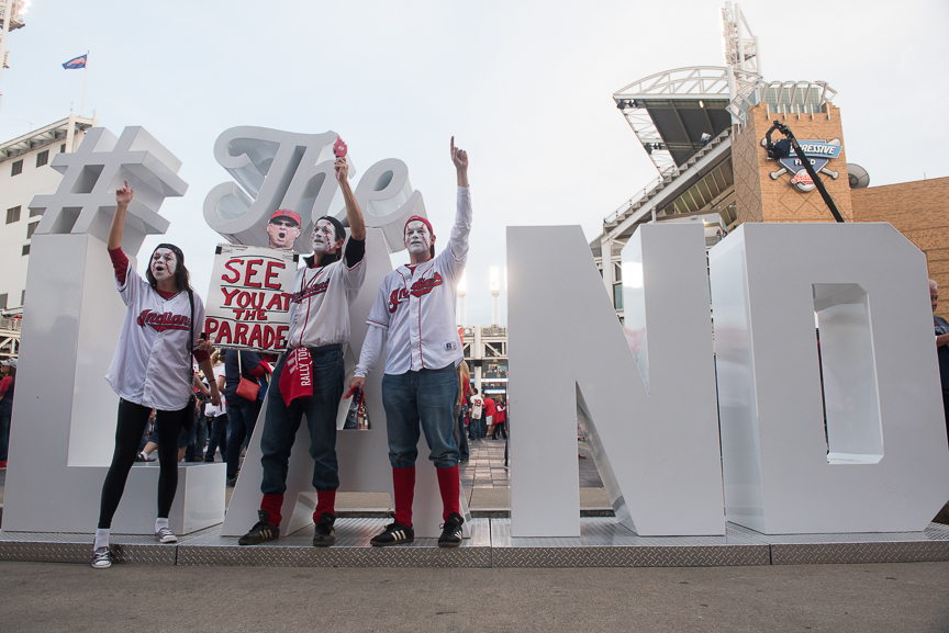 (left to right) Casey Weinfurtner, Eddie Weinfurtner and Jim Weinfurtner cheer on the Indians outside of Progressive Field prior to game 6 of the World Series on November 1, 2016 in Cleveland, Ohio.