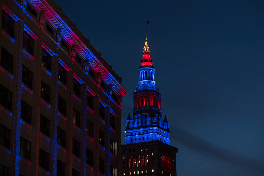 Terminal Tower is lit for game 6 of the World Series on November 1, 2016 in Cleveland, Ohio. 