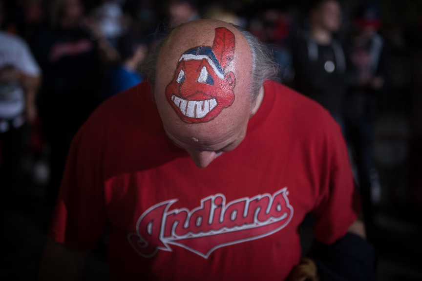 Jim Schulz of Elyria shows off his Cleveland Indian painted head outside of Progressive Field prior to game 6 of the World Series on November 1, 2016 in Cleveland, Ohio.