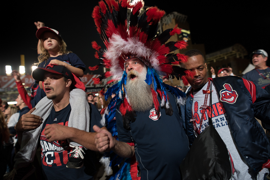Paul Hollo of Cleveland wears his Indian headgear as he cheers on the Indians outside of Progressive Field during game 6 of the World Series on November 1, 2016 in Cleveland, Ohio. 