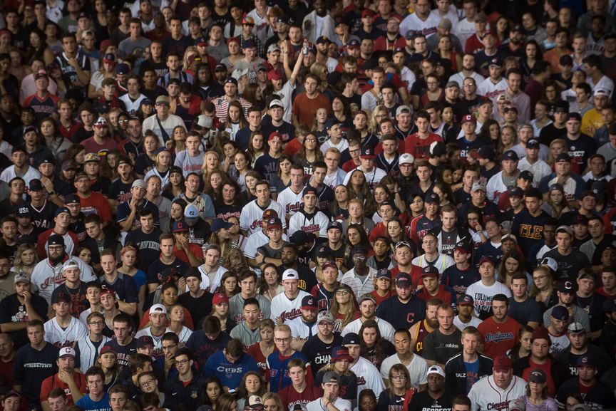 A large crowd watch a big screen outside of Progressive Field during game 7 of the World Series between the Cleveland Indians and the Chicago Cubs on November 2, 2016 in Cleveland, Ohio. 