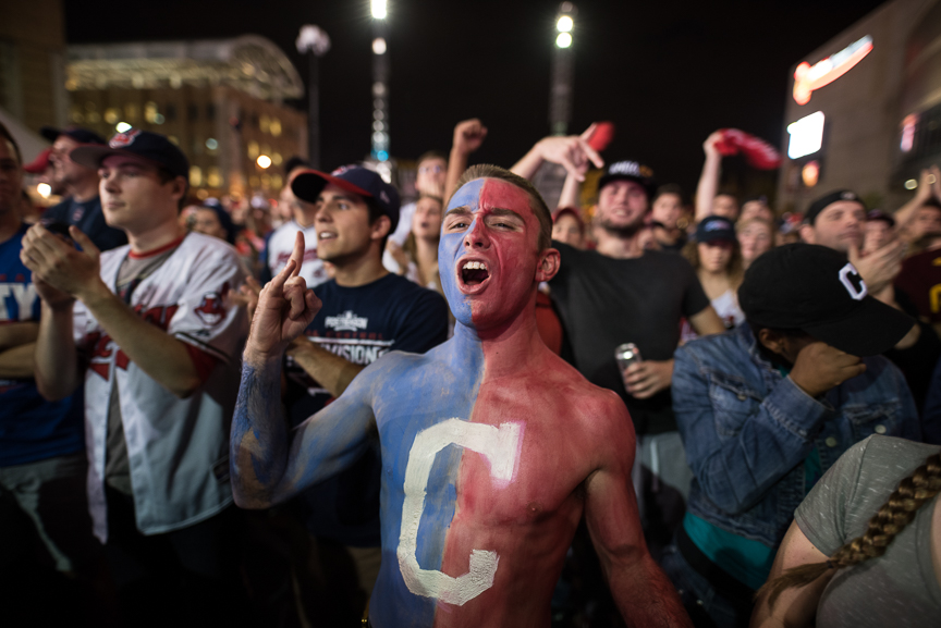Cam Lathem, 21, of Ashville, Ohio cheers on the Indians outside of Progressive Field during game 7 of the World Series between the Cleveland Indians and the Chicago Cubs on November 2, 2016 in Cleveland, Ohio. 