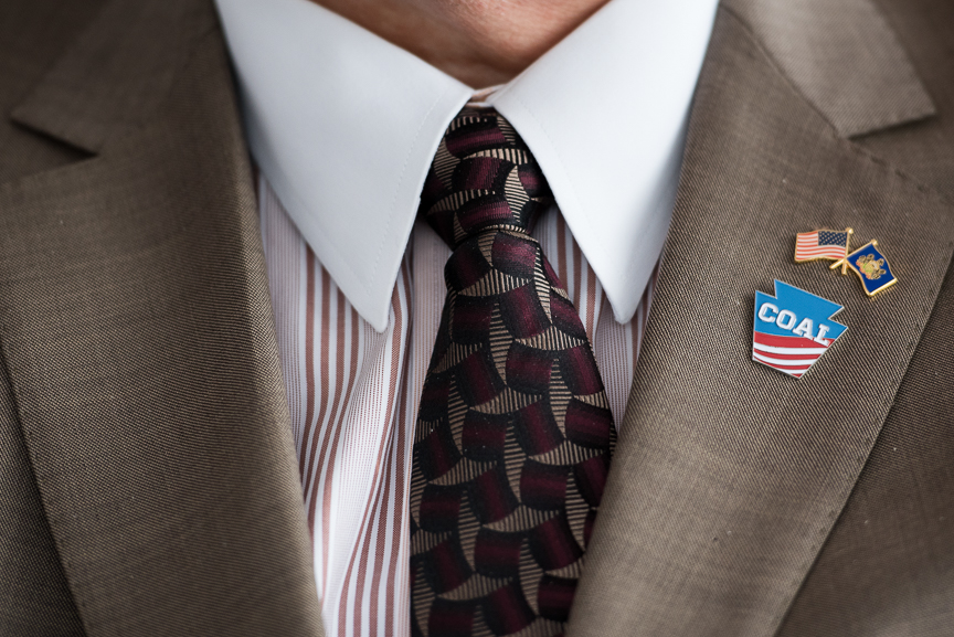 A person wears a coal pin at the grand opening of Corsa Coal's Acosta Deep Mine on June 8, 2017 in Friedens, Pennsylvania. Justin Merriman /Getty Images