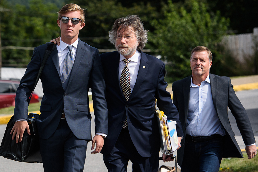 Luke Visser, a member of the Beta Theta Pi fraternity, arrives at the Centre County courthouse for verdict in the fraternity members' preliminary hearing on Sept. 1, 2017 in Bellefonte, Pa. Visser faces 56 counts including involuntary manslaughter, aggravated assault, simple assault, recklessly endangering another person, hazing, furnishing alcohol to minors, unlawful acts relative to liquor, and consumption of alcohol by a minor.