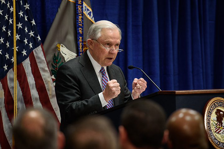  PITTSBURGH, PA-JANUARY 29: U.S. Attorney General Jeff Sessions speaks at the federal courthouse on Grant Street on Monday, January 29, 2018 in Downtown, Pittsburgh. Sessions stopped at the U.S. attorney's office as part of his nationwide tour of U.S