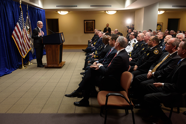  PITTSBURGH, PA-JANUARY 29: U.S. Attorney General Jeff Sessions speaks at the federal courthouse on Grant Street on Monday, January 29, 2018 in Downtown, Pittsburgh. Sessions stopped at the U.S. attorney's office as part of his nationwide tour of U.S